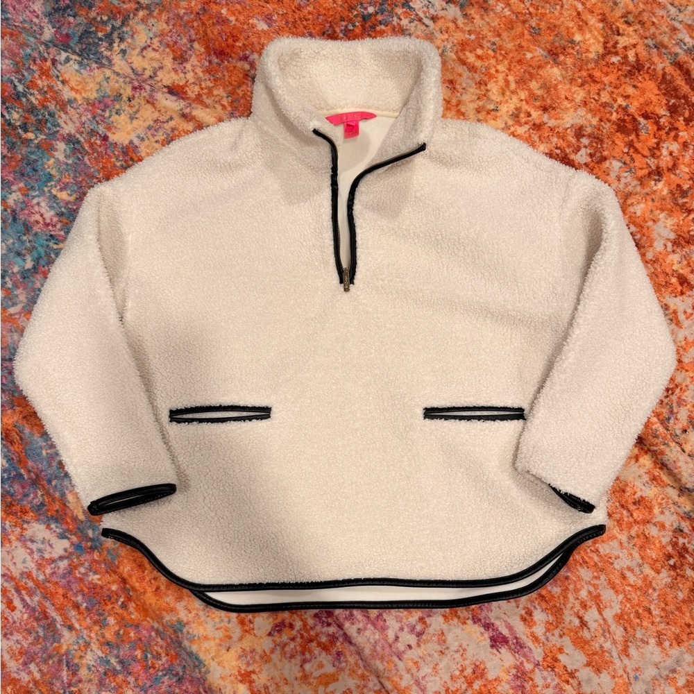 Lilly Pulitzer Sherpa Quarter Zip Pullover Cream Fleece with Leather Accent